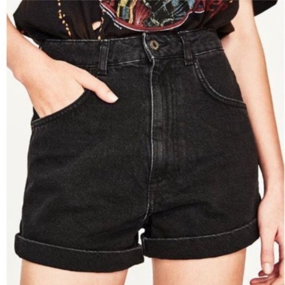 Zara Black Jean Cuffed Shorts Size 6 - Picture 1 of 4
